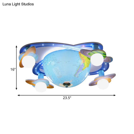 Kids Rotatable Earth Orbit Flush Ceiling Light - Blue Mount Fixture With Acrylic 4 Bulbs White Base