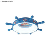 Kids Rudder Shape Led Flush Mount Fixture In Dark Blue And Wood/Blue With White/Warm Light For