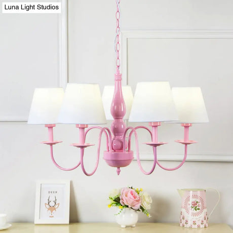Kids Tapered Shade Chandelier - 5-Head Metal Light In Pink & White For Kindergarten