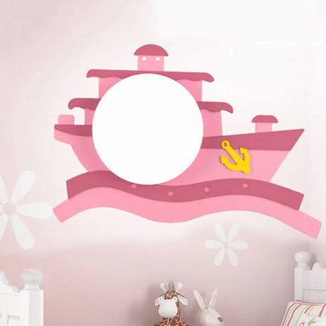 Kindergarten Nautical Ceiling Lamp - Wood Steamship Flush Mount Light Pink