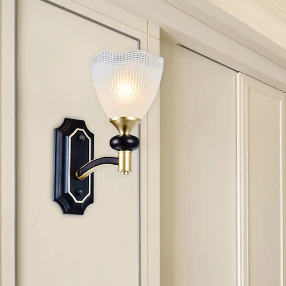 Latticed Glass Cone Up Wall Lamp - Translucent Farmhouse Style Black/Gold 1/2 Light Indoor Mount