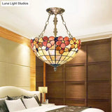 Led Bedroom Ceiling Light - Tiffany Style Floral Semi Flush In Aged Brass With Art Glass Shade