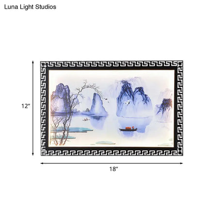 Led Fabric Wall Lamp With Dark Blue Mountain Scene Mural For Family Room