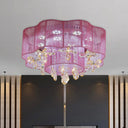 Led Flower Ceiling Light With Crystal Drops - Gold/Pink Modern 2 - Layer Fabric Mount Pink