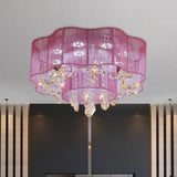 Led Flower Ceiling Light With Crystal Drops - Gold/Pink Modern 2 - Layer Fabric Mount Pink