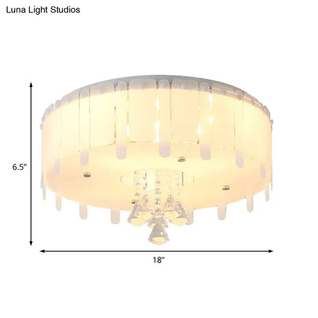 Led Flush Mount Ceiling Light With Crystal Drop And White Glass Shade - Simple Style