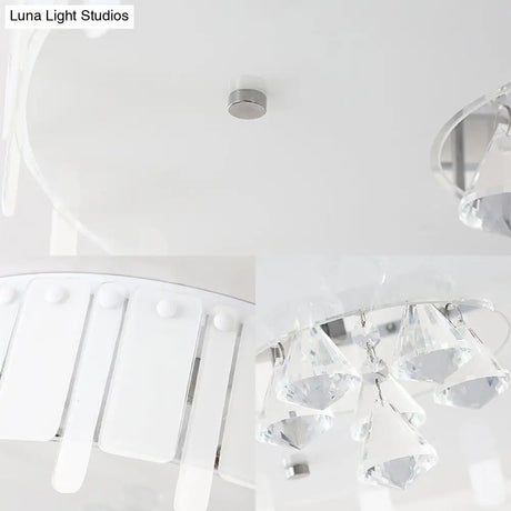 Led Flush Mount Ceiling Light With Crystal Drop And White Glass Shade - Simple Style