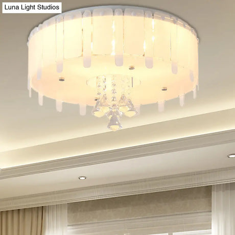 Led Flush Mount Ceiling Light With Crystal Drop And White Glass Shade - Simple Style