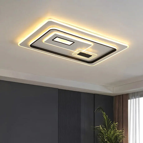 Led Minimalist Black Flush Mount Ceiling Lamp With Metal Rectangle Shade Warm/White Light Options