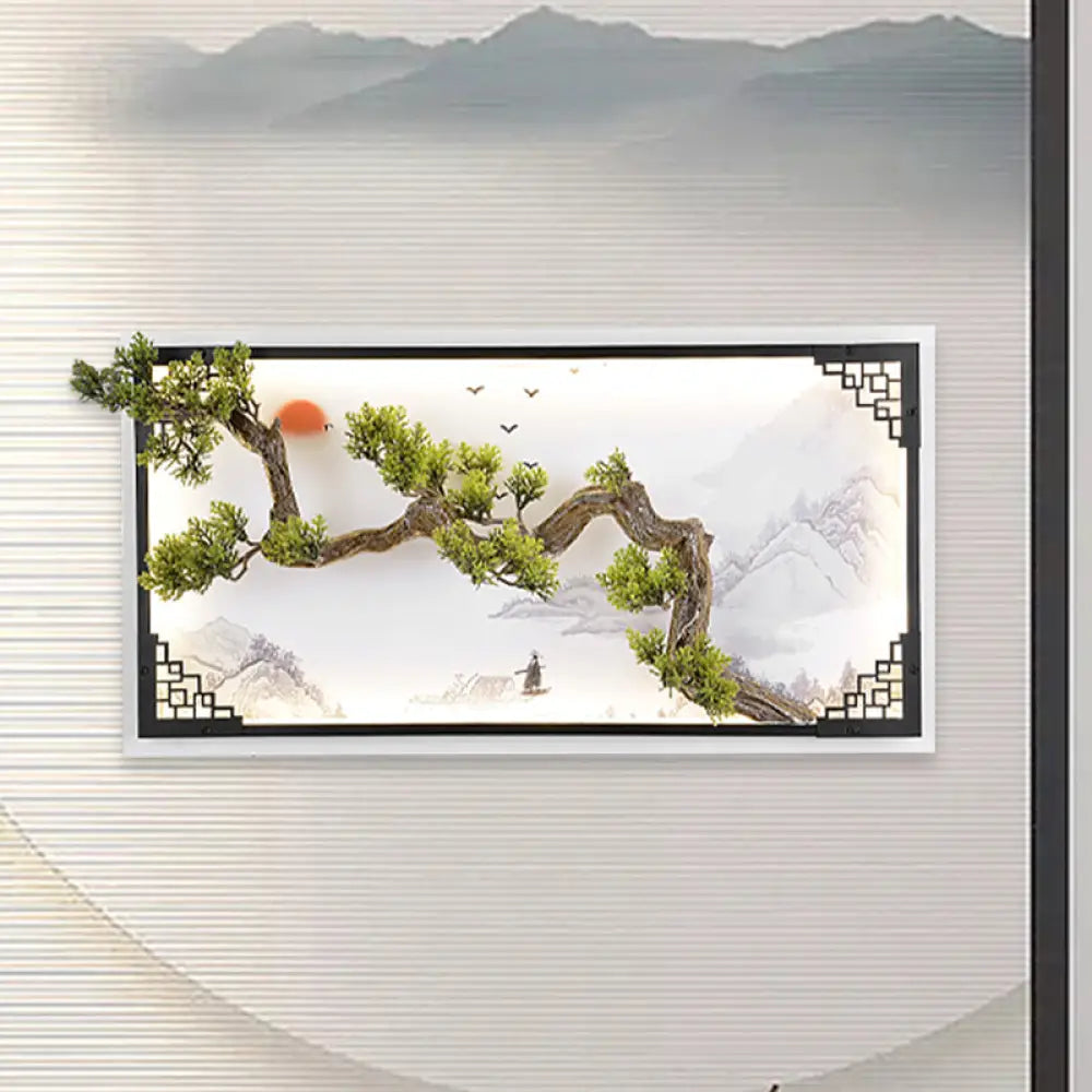 Led Pine Branch Wall Lamp - Iron Asian Living Room Sconce Lighting In White-Green White