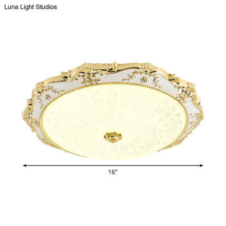 Led Round Ceiling Flush - Traditional White And Gold Mount Lighting With Milky Glass Print