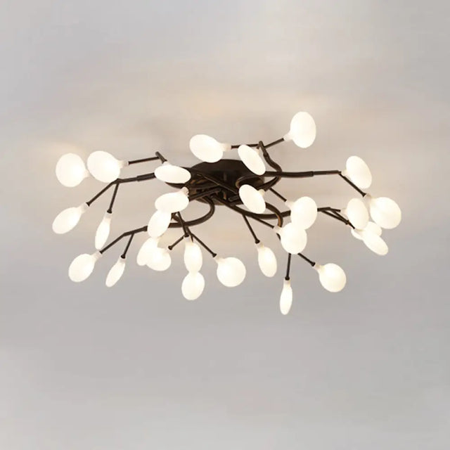 Led Tree Branch Semi Flush Chandelier Light For Living Room With Firefly Shade - Modern Metallic