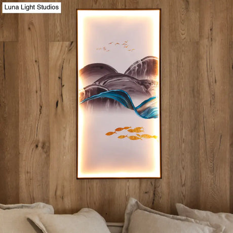 Light Asia Fabric Tearoom Rectangular Wall Mural Led Sconce With Fish/Elk Pattern Blue