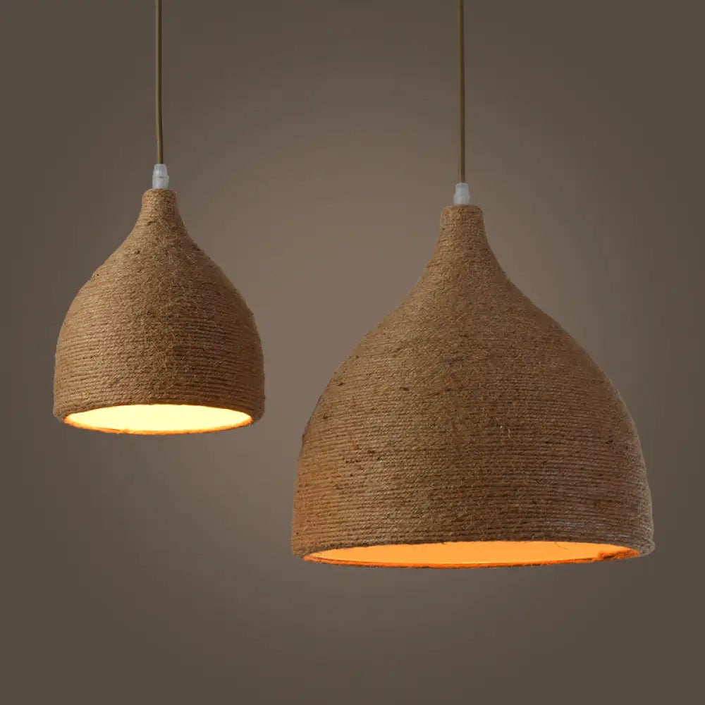 Light Beige Rope Pendant - Retro Industrial Teardrop Hanging Lamp For Dining Room / 7’