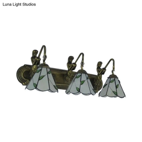 Lily Tiffany Beige Glass Sconce Light With Mermaid Decoration - 3 Heads Wall Mounted