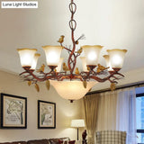 Lodge Bell Living Room Chandelier With Milky Glass Shades - 11 Lights Brown Pendant Lamp