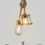 Lodge Style Black Caged Ceiling Fixture With Metal And Rope Hangings - 2 Lights Unique Shade For
