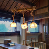 Lodge Style Island Pendant Light With 3 Fabric Dome Shades And Beige Hemp Rope