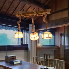 Lodge Style Island Pendant Light With 3 Fabric Dome Shades And Beige Hemp Rope