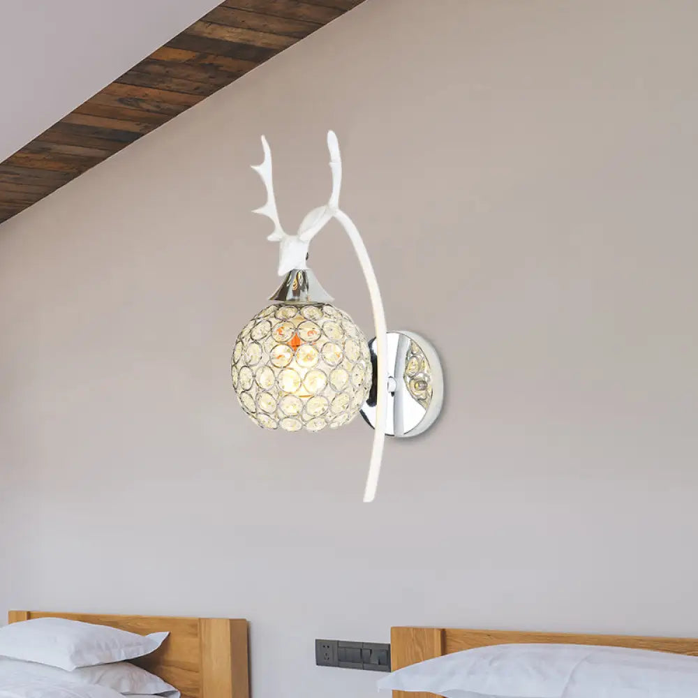 Lodge Style Metal Deer Head Wall Sconce: 1/2-Bulb Mount Light With Crystal Dome Shade In Chrome/Gold