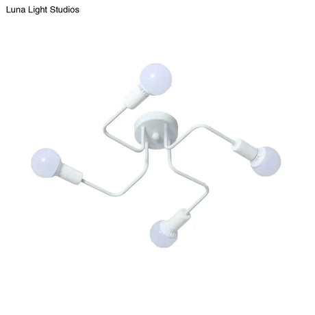 Loft Industrial Exposed Semi Flush Light Fixture - 4/6-Head Metallic Ceiling In Black/White For