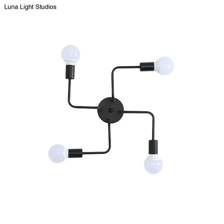 Loft Industrial Exposed Semi Flush Light Fixture - 4/6-Head Metallic Ceiling In Black/White For