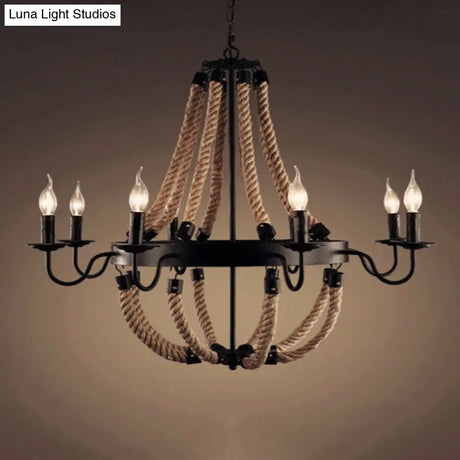 Loft Style Candelabrum Chandelier With 8 Bulbs And Hemp Rope - Black Hanging Lamp For Living Room