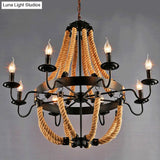 Loft Style Candelabrum Chandelier With 8 Bulbs And Hemp Rope - Black Hanging Lamp For Living Room