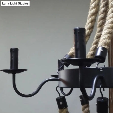 Loft Style Candelabrum Chandelier With 8 Bulbs And Hemp Rope - Black Hanging Lamp For Living Room