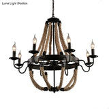 Loft Style Candelabrum Chandelier With 8 Bulbs And Hemp Rope - Black Hanging Lamp For Living Room