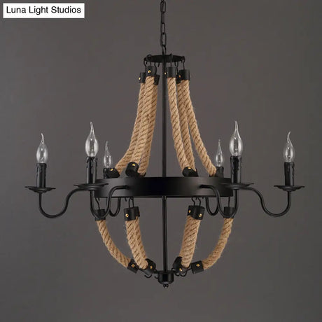 Loft Style Candelabrum Chandelier With 8 Bulbs And Hemp Rope - Black Hanging Lamp For Living Room