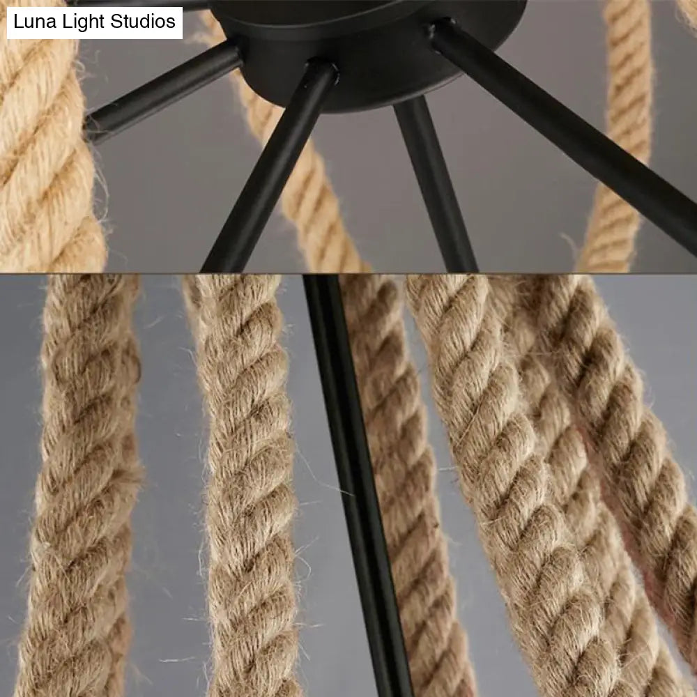 Loft Style Candelabrum Chandelier With 8 Bulbs And Hemp Rope - Black Hanging Lamp For Living Room
