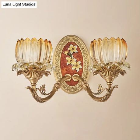 Lotus Ribbed Glass Wall Light Kit - Antique 1/2-Light Living Room Sconce In Gold