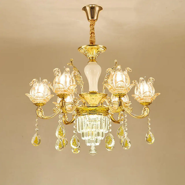 Lotus Shaped Glass Hanging Lamp: Traditional Bedroom Chandelier With Crystal Accents In Gold 6 /