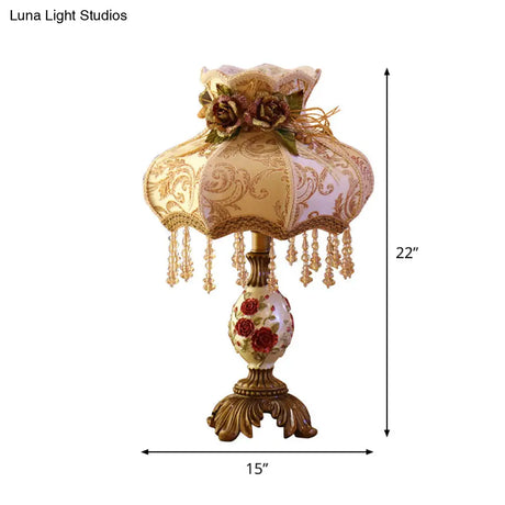 Luxury Coffee Vase Table Lamp With Fabric Shade And Crystal Drop - Resin Nightstand Light