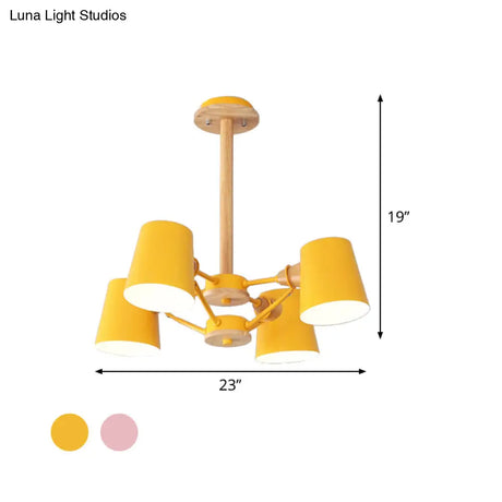 Macaron 4 - Light Semi Flush Ceiling Lamp Pink/Yellow Barrel With Wood Rod