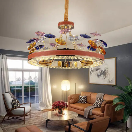 Macaron Crystal Bedroom Chandelier Pendant Light - Red Hoop Led Hanging Lamp With Colorful Mushroom