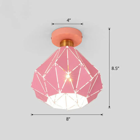 Macaron Iron Ceiling Light: Laser - Cut Diamond Shape Semi Flush Mount 1 Head For Corridors Pink
