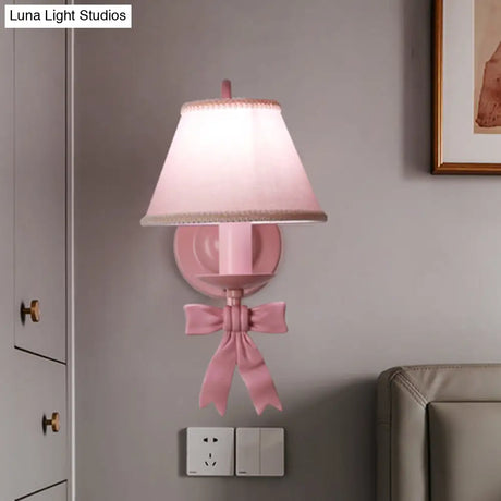 Macaron Pink Bow Wall Lamp With Fabric Shade - Bedroom Mounted Light