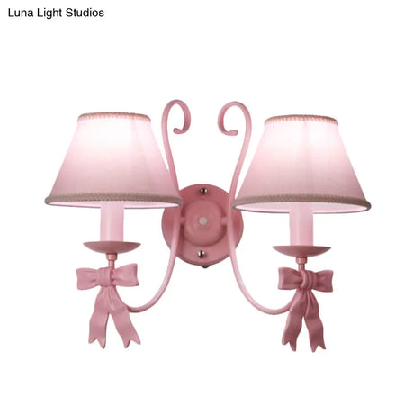 Macaron Pink Bow Wall Lamp With Fabric Shade - Bedroom Mounted Light