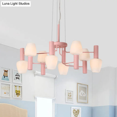 Macaron Pink/Yellow/Blue Lounge Chandelier With Milk Glass Shades - 8 Bulbs Hanging Lamp