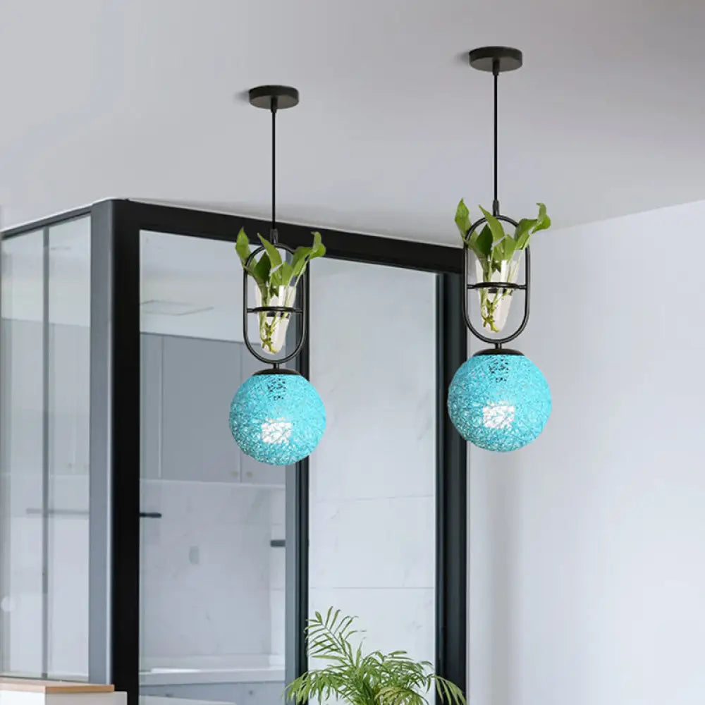 Macaron Rattan Globe Pendant Light With Plant Pot - Beige/Red/Pink Blue