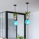 Macaron Rattan Globe Pendant Light With Plant Pot - Beige/Red/Pink Blue