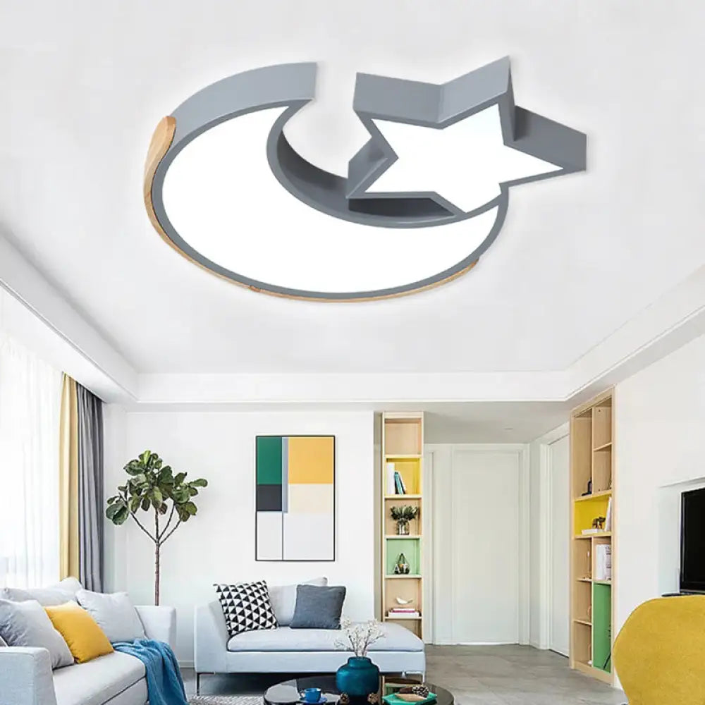 Macaron Star Moon Led Ceiling Mount Light In Nordic Style Grey/Blue/Green - Ideal For Bedrooms Grey