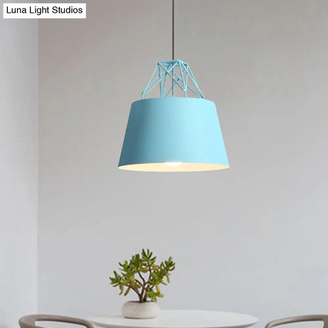 Macaron Style Cage Pendant Light With Metallic Bucket Shade For Restaurants - 1 Head Hanging Lamp