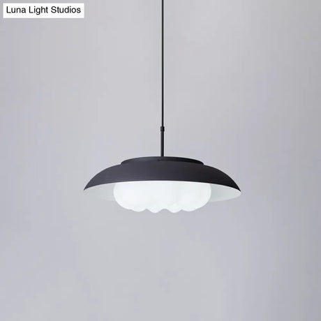 Macaron Wide Bowl Pendant Light - Black/Blue Iron Suspension Lamp With Inner Round Shade For Dining