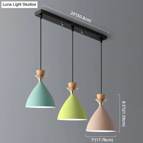 Macaroon 3-Light Cluster Pendant: Vibrant Green Pink And Yellow Cone Metal Shade Hanging Light With