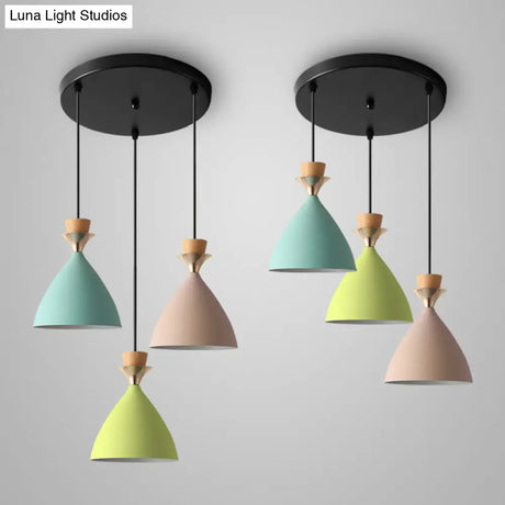 Macaroon 3-Light Cluster Pendant: Vibrant Green Pink And Yellow Cone Metal Shade Hanging Light With