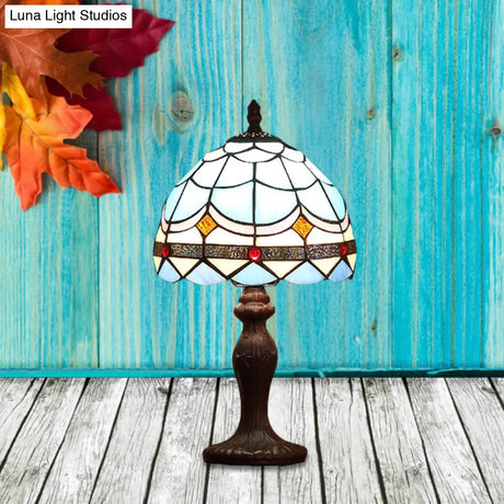 Mediterranean 1-Light Stained Glass Table Lamp With Wave-Pattern Dark Brown Nightstand Light