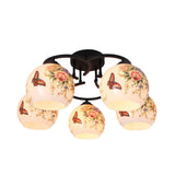 Mediterranean 5-Light Semi Flush Cut Glass Ceiling Lamp With Floral And Animal Motifs White /